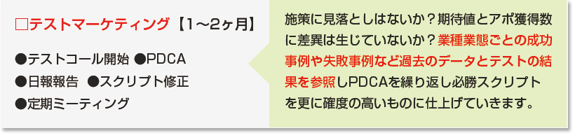 □テストマーケティング【1～2ヶ月】●テストコール開始●PDCA●日報報告●スクリプト修正●定期ミーティング